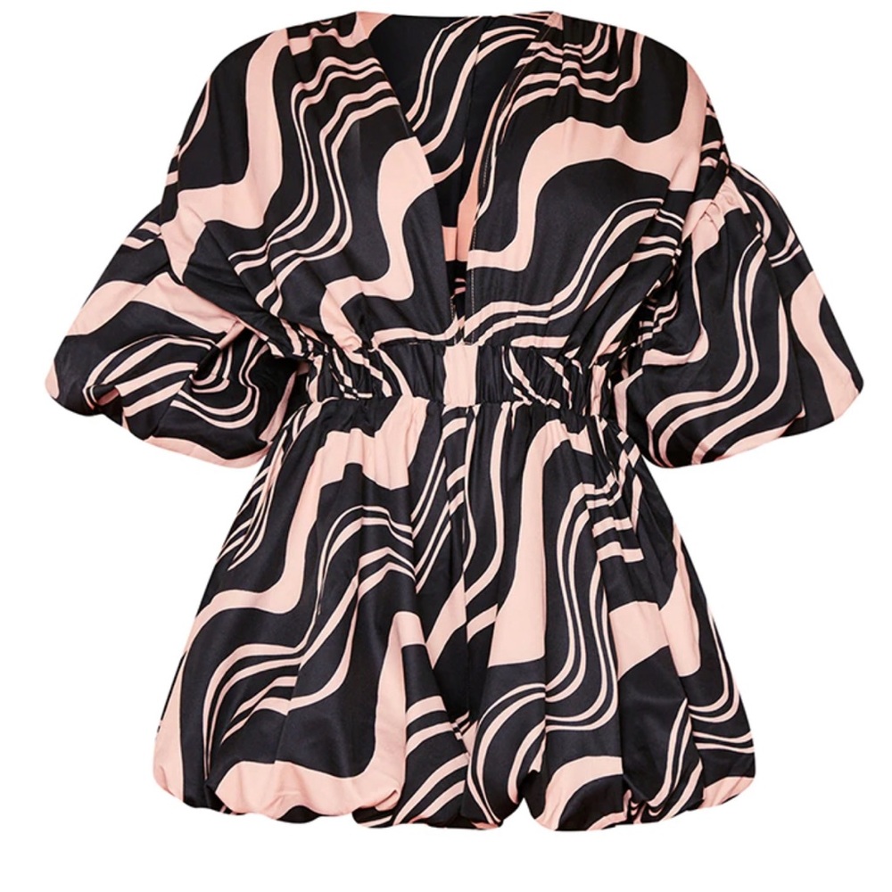 Stone Abstract Stripe Plunge Puffball Hem Romper